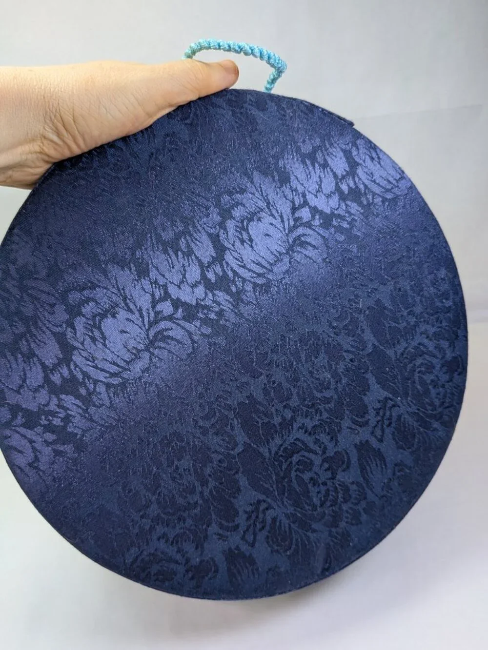 VTG Floral Damask Fabric Round Hat Boxes Set Navy Blue Bright Floral Rose Pink